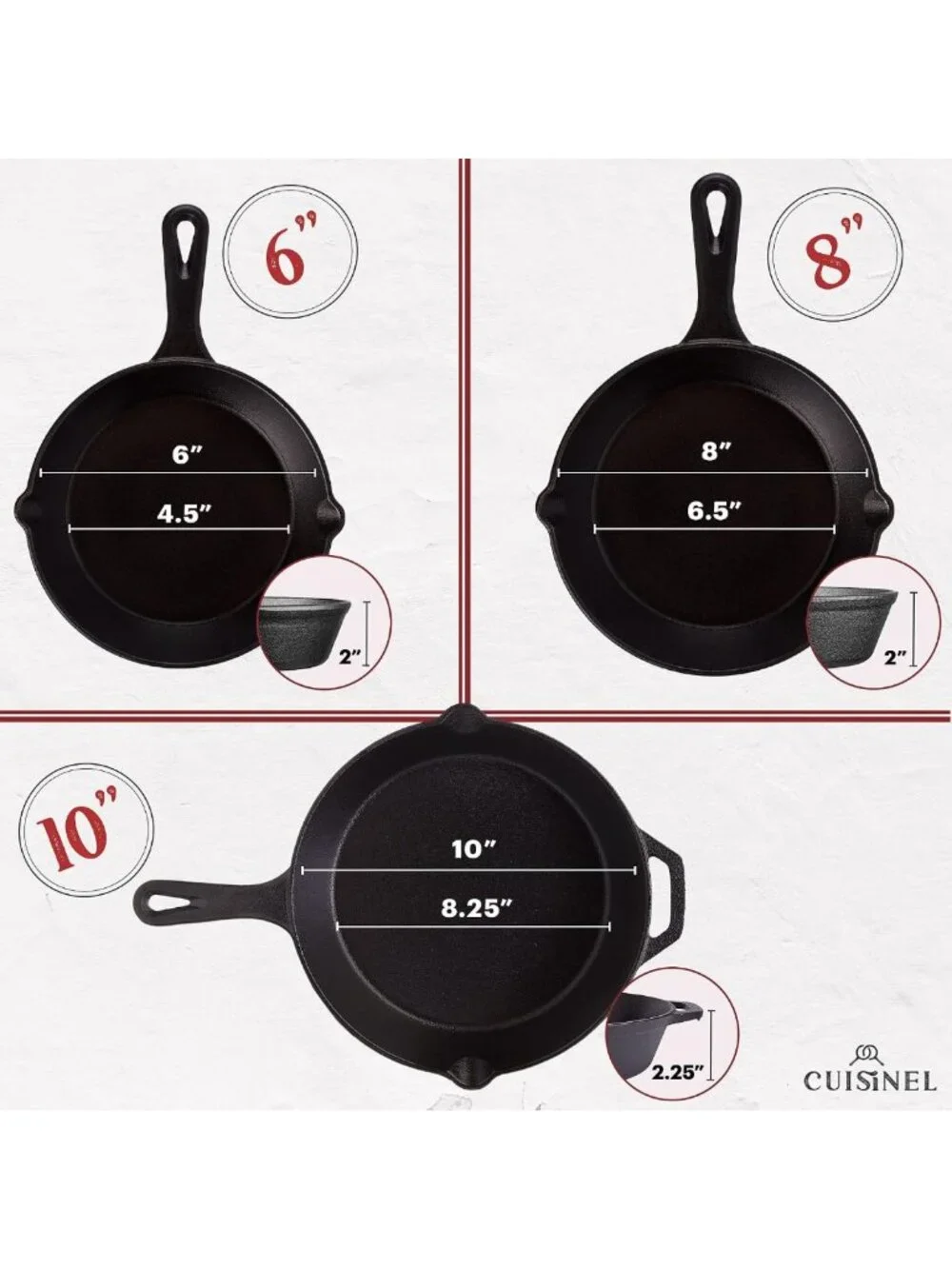 3-Piece Cast Iron Skillet Set - Pre-Seasoned Frying Pans + Silicone Handle
